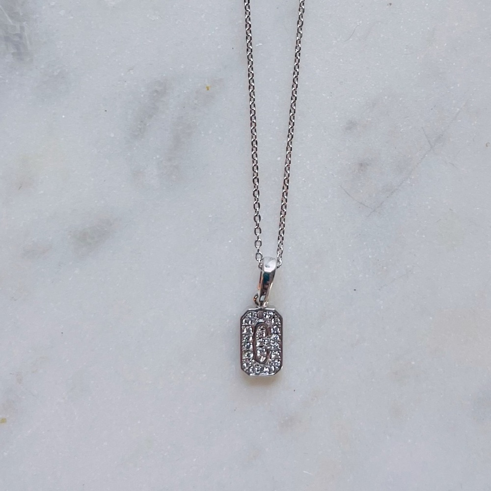 MELINDA MARIA Frame Pave PICK INITIAL Silver Plated Necklace Double Sid